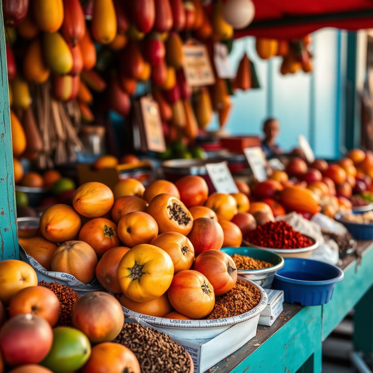 Marché aux épices et fruits tropicaux des Antilles